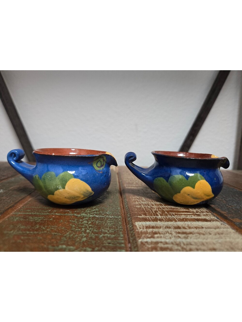 Vintage Pair B&W Studio Art Pottery Tealight Candle Holders Blue Yellow Glaze